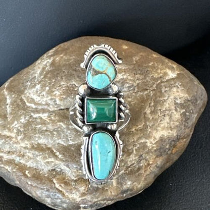 Navajo Blue Turquoise Malachite Cluster Ring | Authentic Native American Sterling Silver | Multi-Stone | Sz 10 | 17643