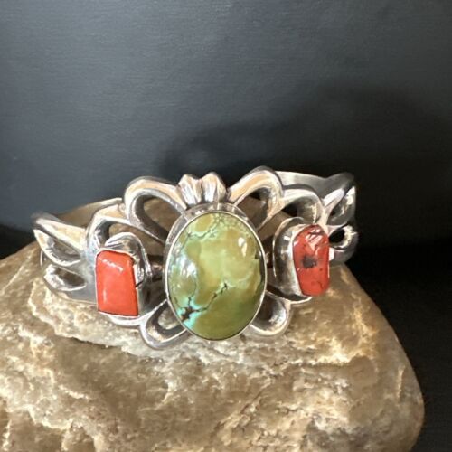 Royston Turquoise Coral Cuff Bracelet | Navajo Tufa Cast | Sterling Silver | Authentic Native American Handmade | 16778