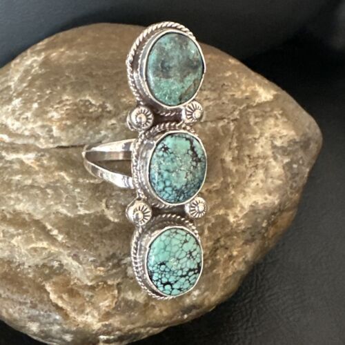 Navajo Blue Spiderweb Turquoise 3-Stone Ring | Authentic Native American Sterling Silver | Multi-Stone | Sz 9 | 16706
