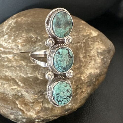 Navajo Blue Spiderweb Turquoise 3-Stone Ring | Authentic Native American Sterling Silver | Multi-Stone | Sz 9 | 16706