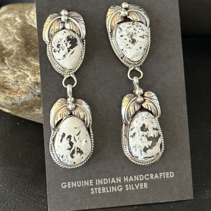 Navajo White Buffalo Turquoise Dangle Earrings | Sterling Silver | 2.5" | Authentic Native American Handmade | 14741