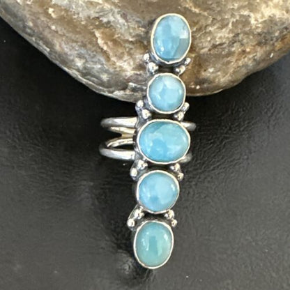 Navajo Women's Cluster Blue Larimar Ring | Authentic Native American Sterling Silver | Multi-Stone | Sz 7.5 | 15953