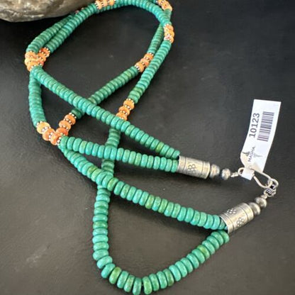 Navajo Green Turquoise Spiny Oyster Necklace | Sterling Silver | 21" | Authentic Native American Handmade | 10123