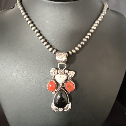 Navajo White Buffalo Coral Onyx Pearls Cluster Pendant | Sterling Silver | Native American Handmade | 15370