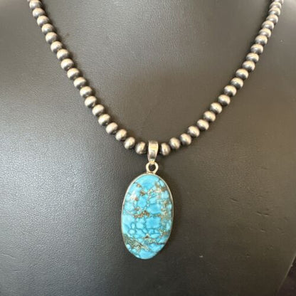 Men's Navajo Blue Spiderweb Turquoise Pendant Necklace | Sterling Silver | Authentic Native American Handmade | 16301