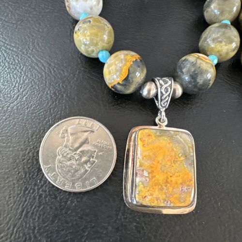 Bumblebee Jasper Pendant | Turquoise Bead | Navajo Sterling Silver Necklace 21" | 15910