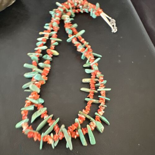 Navajo Green Turquoise Coral Stick Bead Necklace | Sterling Silver | 22" | Authentic Native American Handmade | 17255