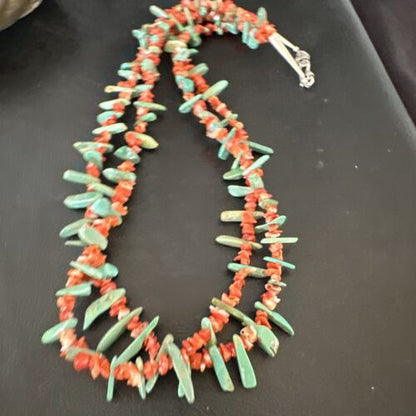 Navajo Green Turquoise Coral Stick Bead Necklace | Sterling Silver | 22" | Authentic Native American Handmade | 17255