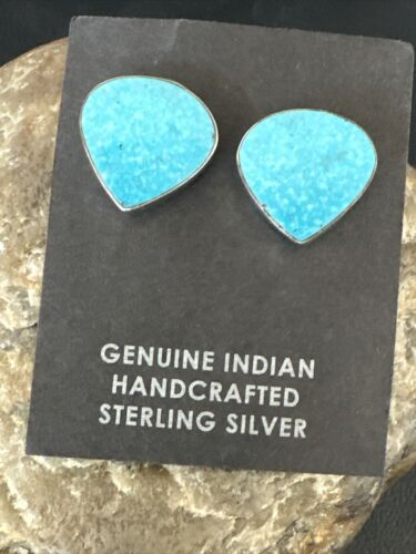 Navajo Blue Kingman Turquoise Post Stud Earrings | Sterling Silver | Authentic Native American Handmade | 17407