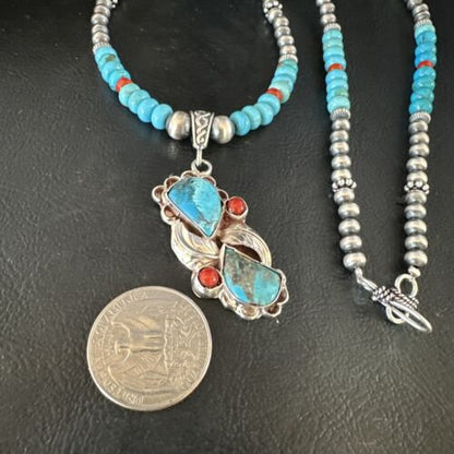 Navajo Blue Turquoise | Coral Pendant Necklace | Sterling Silver | Multi-Stone | 15256