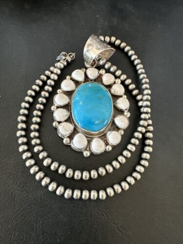 Navajo Blue Turquoise White Cluster Pendant Necklace | Sterling Silver | Multi-Stone | 17391