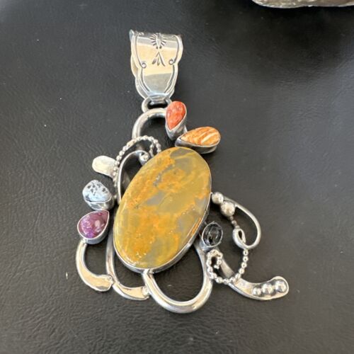 Navajo Sterling Silver Spiny Bumblebee Necklace Pendant | Multi-Stone | Authentic Native American Handmade | 16106