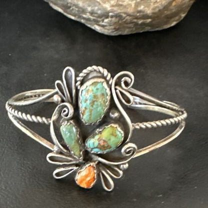 Navajo Royston Turquoise Spiny Cuff Bracelet | Sterling Silver Tufa Cast | Authentic Native American Handmade | 16776