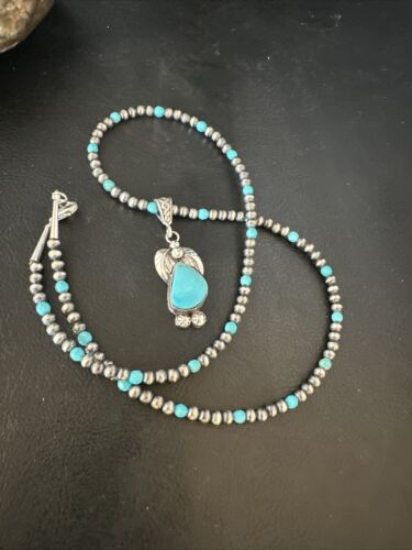 Navajo Pearls Kingman Turquoise Pendant Necklace | Sterling Silver | Authentic Native American Handmade | 14888