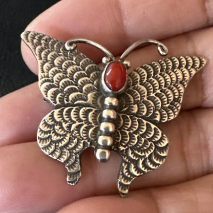 Navajo Butterfly Red Coral Pin Pendant | Sterling Silver | 1.25" | Authentic Native American Handmade | 15526