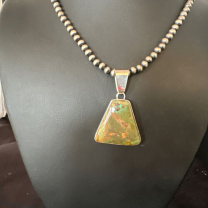 Navajo Green Turquoise Pendant Necklace | Sterling Silver | Authentic Native American Handmade | 15032