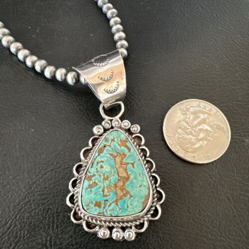 Women's Royston Turquoise Pendant Necklace | Navajo Pearls | Sterling Silver | Authentic Native American Handmade | 17062