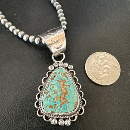 Women's Royston Turquoise Pendant Necklace | Navajo Pearls | Sterling Silver | Authentic Native American Handmade | 17062