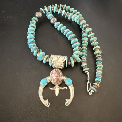 Navajo Sterling Silver Turquoise Wild Horse Naja Necklace Pendant | Authentic Native American Handmade | 16812