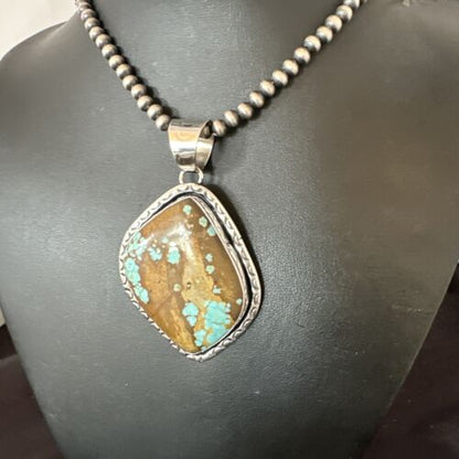Navajo Blue Turquoise #8 Pendant | Sterling Silver Necklace with Pearls | Authentic Native American Handmade | 16349