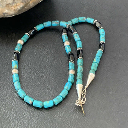 Authentic Tommy Singer Beads Necklace | Turquoise & Onyx | Sterling Silver | Gold | Native American Handmade | 17" | 10390