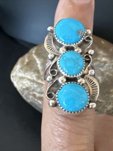 Navajo Blue Kingman Turquoise Cluster Ring | Authentic Native American Sterling Silver | Multi-Stone | Sz 7 | 16323