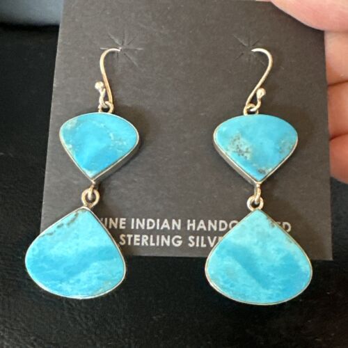 Navajo Blue Kingman Turquoise Dangle Earrings | Sterling Silver | Authentic Native American Handmade | 15101