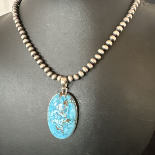 Navajo Blue Spiderweb Turquoise Pendant Necklace | Sterling Silver | Authentic Native American Handmade | 17015