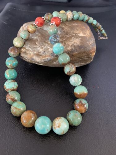 Navajo Green Turquoise & Apple Coral Graduated Necklace | Sterling Silver | Authentic Native American | 18" | 13200
