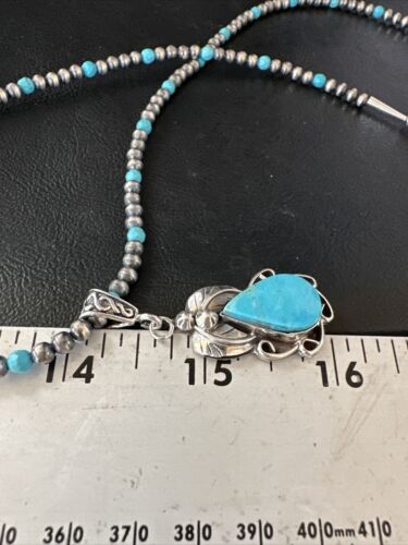 Navajo Pearls Kingman Turquoise Pendant Necklace | Sterling Silver | Authentic Native American Handmade | 14893