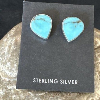 Navajo Blue Kingman Turquoise Post Stud Earrings | Sterling Silver | Authentic Native American Handmade | 17467