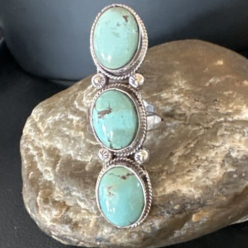 Navajo Blue Dry Creek Turquoise 3-Stone Ring | Authentic Native American Sterling Silver | Multi-Stone | Sz 11 | 16734