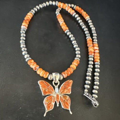 Navajo Butterfly Orange Spiny Oyster Inlay Sterling Silver Pendant Necklace | 15428