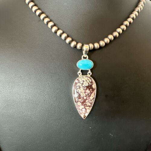 Navajo Wild Horse | Blue Kingman Turquoise Necklace | Sterling Silver | Authentic Native American Handmade | 17316