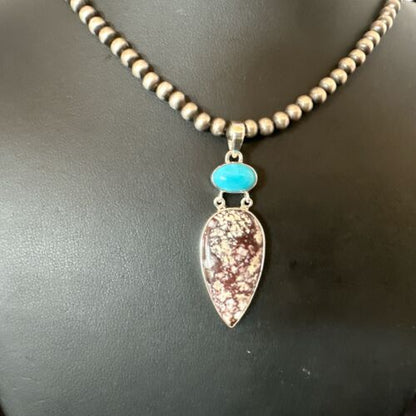 Navajo Wild Horse | Blue Kingman Turquoise Necklace | Sterling Silver | Authentic Native American Handmade | 17316