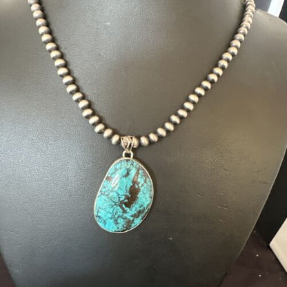 Men's Navajo Blue Spiderweb Turquoise Pendant Necklace | Sterling Silver | Authentic Native American Handmade | 16273