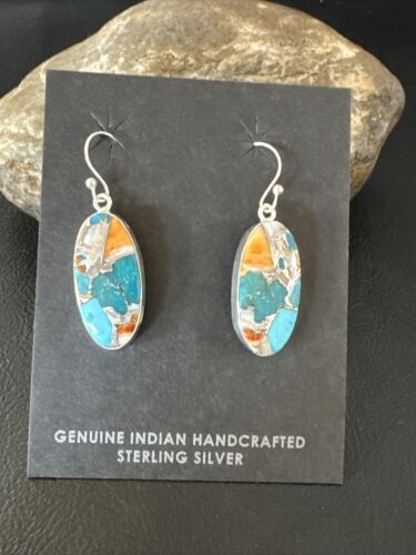 Navajo Blue Turquoise & Orange Spiny Oyster Inlay Dangle Earrings | Sterling Silver | 15586