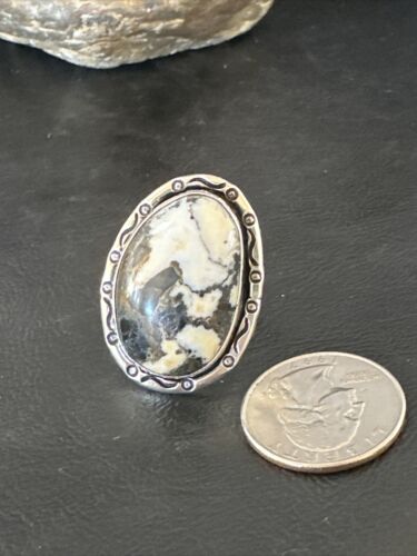 White Buffalo Turquoise Navajo Ring | Sterling Silver | Sz 9 | Authentic Native American Handmade | 16388