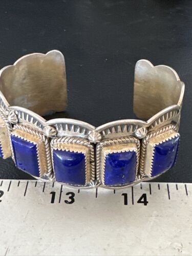Navajo Blue Lapis 5 Stone Cuff Bracelet | Sterling Silver | XL Men's | Authentic Native American Handmade | 15861