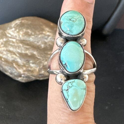Navajo Blue Dry Creek Turquoise Cluster Ring | Authentic Native American Sterling Silver | Multi-Stone | Sz 8 | 17840