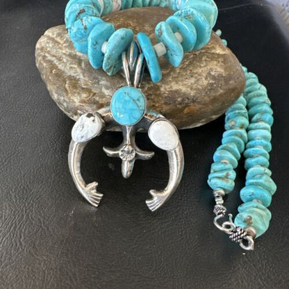 Navajo White Buffalo Blue Turquoise Naja Pendant | Sterling Silver Necklace | Authentic Native American Handmade | 15026