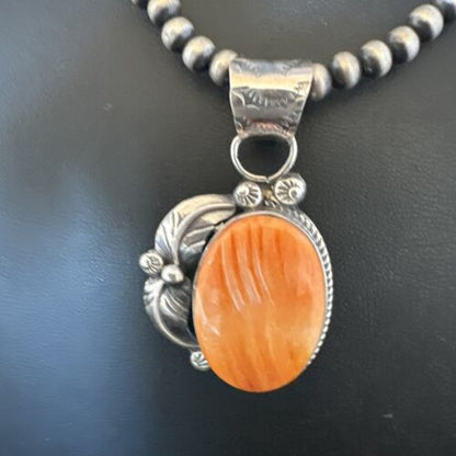 Navajo Orange Spiny Oyster Pendant Necklace | Sterling Silver | Authentic Native American Handmade | 15630