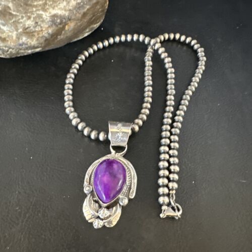 Navajo Purple Sugilite Pendant with Pearls | Sterling Silver Necklace | Authentic Native American Handmade | 15452