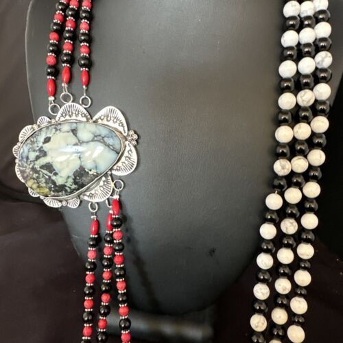 Navajo White Buffalo Turquoise and Coral Pendant Necklace | Sterling Silver | Authentic Native American Handmade | 15495