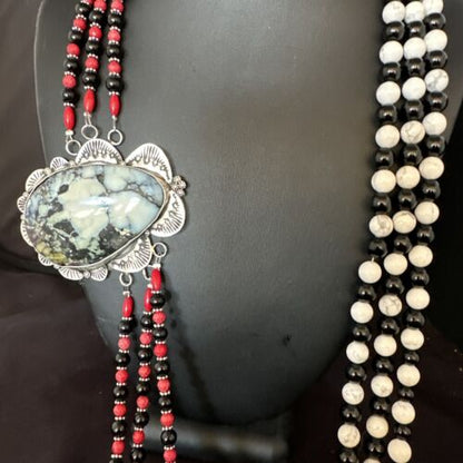 Navajo White Buffalo Turquoise and Coral Pendant Necklace | Sterling Silver | Authentic Native American Handmade | 15495