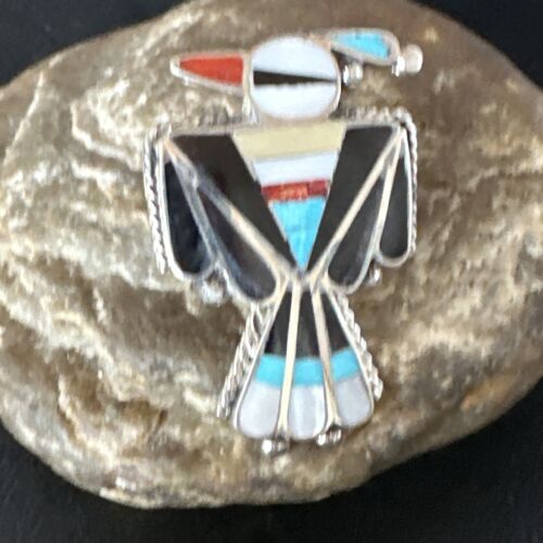 Zuni Turquoise Onyx Peyote Bird Inlay Ring | Sterling Silver | Sz 8 | 15391