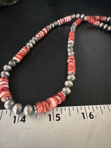 Navajo Pearls Red Spiny Oyster Necklace | 8mm Sterling Silver | Authentic Native American Handmade | 22" | 14850