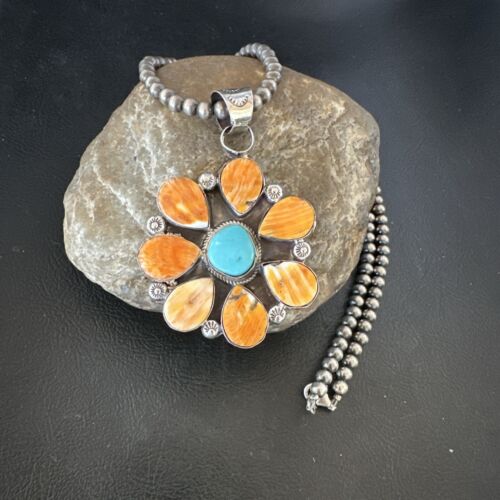 Navajo Blue Turquoise | Spiny Oyster Pendant Necklace | Sterling Silver | Multi-Stone | 16862