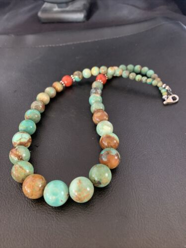 Navajo Green Turquoise & Apple Coral Graduated Necklace | Sterling Silver | Authentic Native American | 18" | 13200