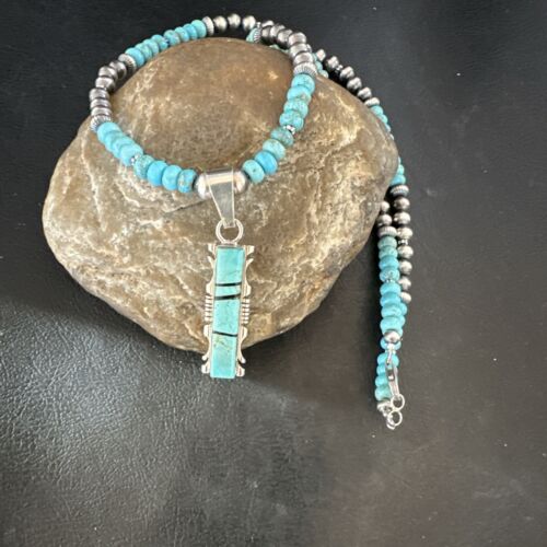 Men's and Women's Turquoise #8 Inlay Pendant Necklace | Navajo Sterling Silver | Authentic Native American Handmade | 17074